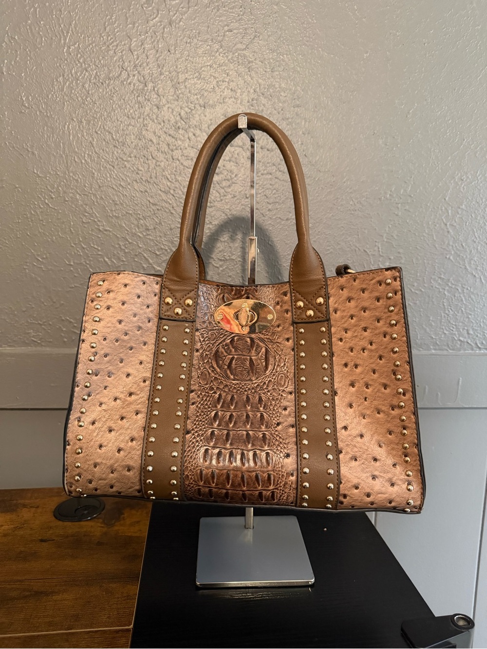 Brown Studded Tote Bag with Croc-Texture Panel